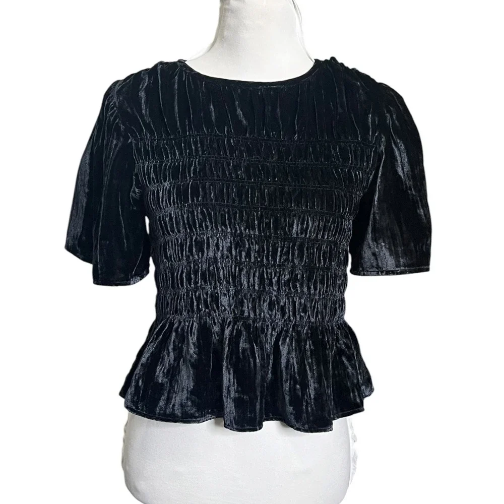 Rails Rosie Smocked Top New Women's Small Black Velvet Date Night Party Chic - Picture 2 of 10